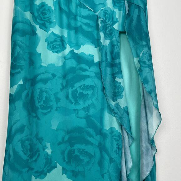Something New Maxi Skirt S Teal Blue Floral Ruffle Mesh Fairy Mermaid Leg Slit - Picture 5 of 13